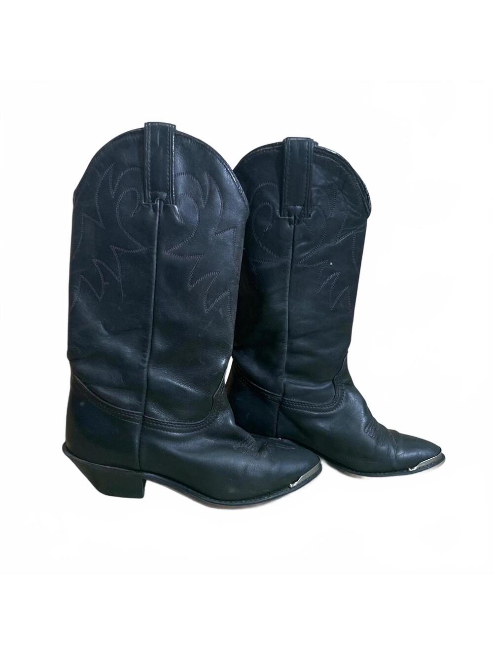 Womens Black Leather Cowboy Boots Size 6.5–7 (EU 37) Metal Toe Guard Boho Chic